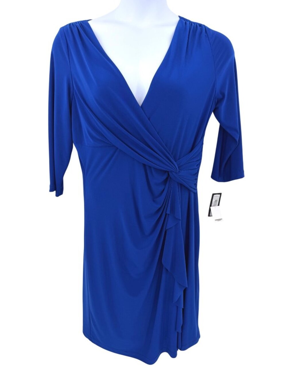 NWT Cartise Royal Blue Faux Wrap Dress With Ruffle Detail & 3/4 Sleeves Size 14